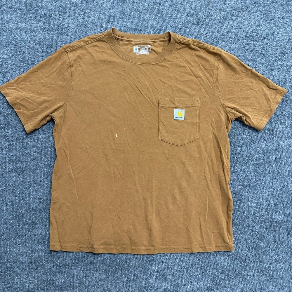 Carhartt T-Shirt Womens XS Brown Loose Fit Lyocell Cotton Pocket TK6122-W Stain